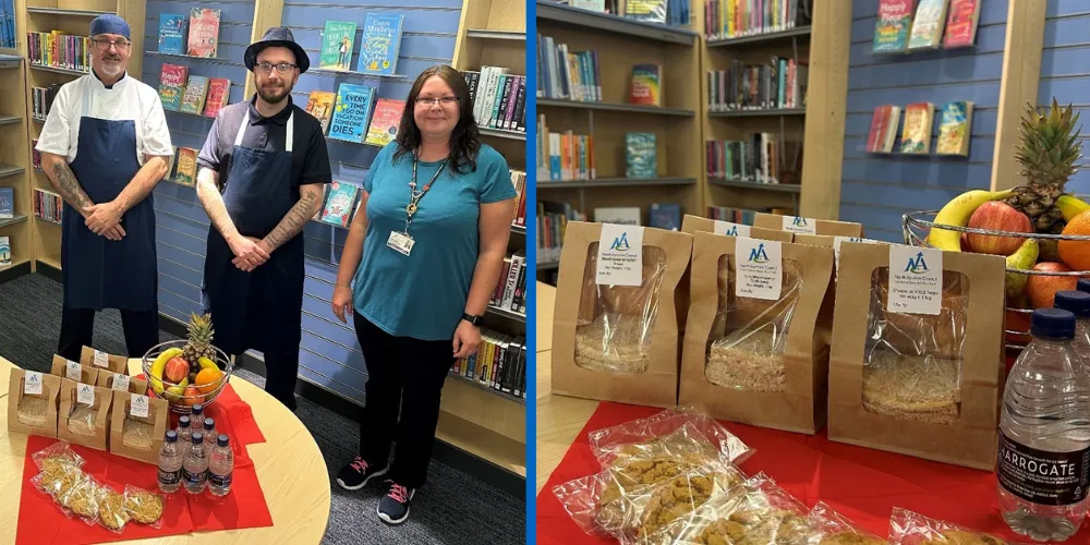 Photo collage of Library and Catering Staff with free sandwiches school meals for summer