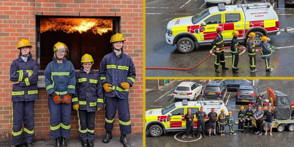 Fire recruits from Garnock Campus using hose and standing in front of burning building