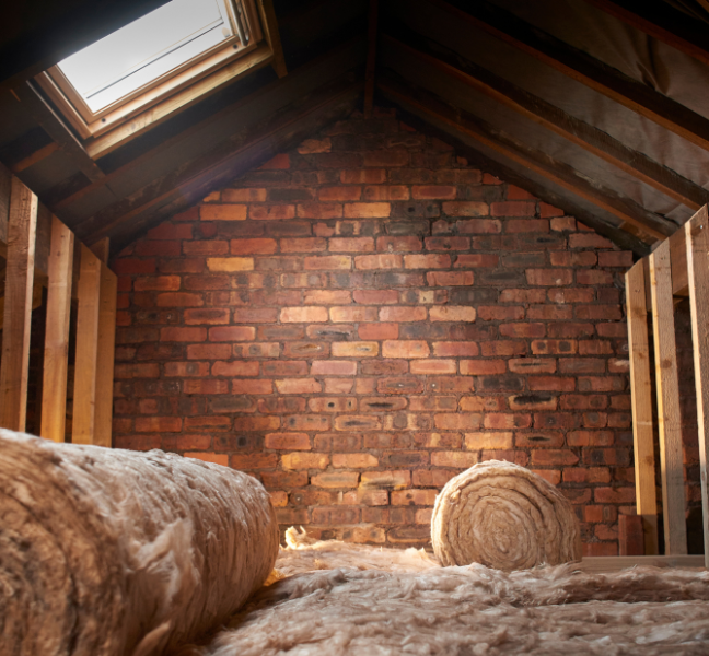Loft with rolls of insulation 