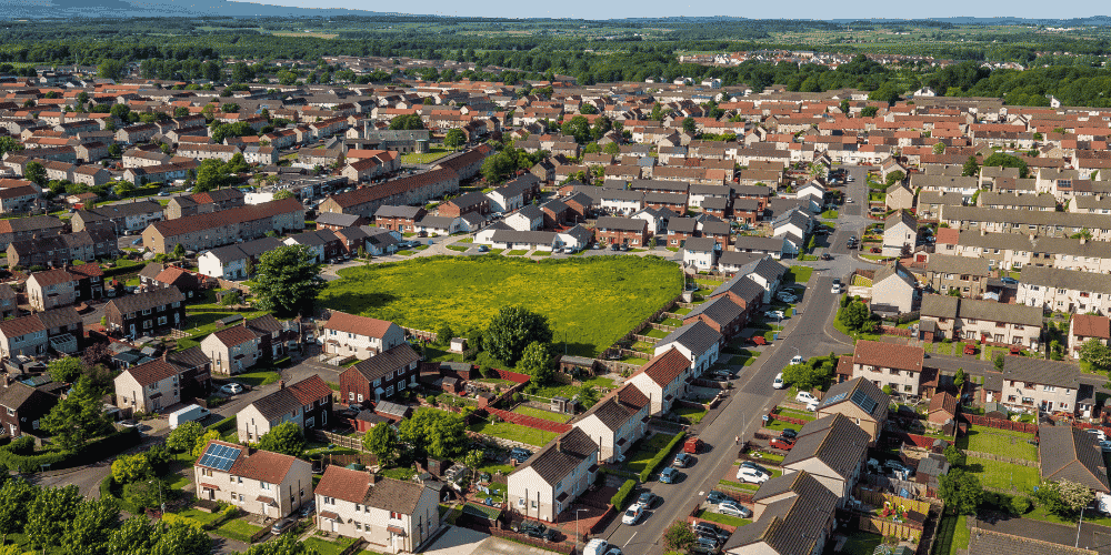 An aerial view of houses