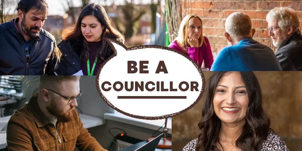 Photo collage of people in communities with 'Be a Councillor' speech bubble