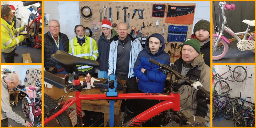 A collage of Equal trainees and volunteers in a bike workshop with bikes and equipment