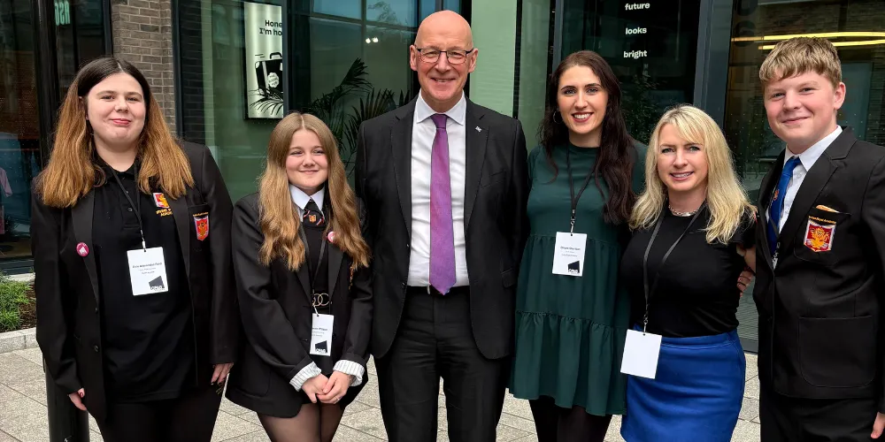 First Minister with pupils and staff from Irvine Royal