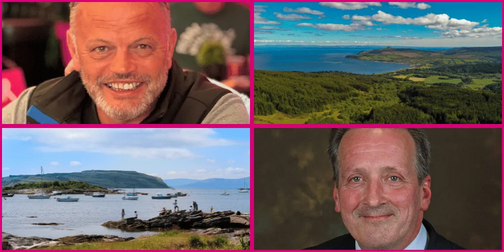 Alastair Dobson, Councillor Alan Hill and views of Cumbrae and Arran