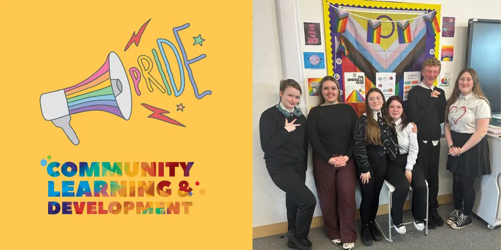 The Umbrella Group Garnock Campus with CLD and Pride logo and LGBT flag in background