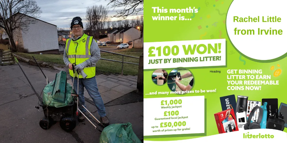 Litter collector Rachel Little with bags of rubbish and a LitterLotto graphic