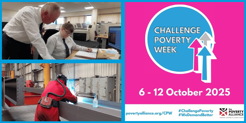 Andrew Caldwell, Director at J&D Pierce, talking to a staff member, the Challenge Poverty Week logo and a man welding