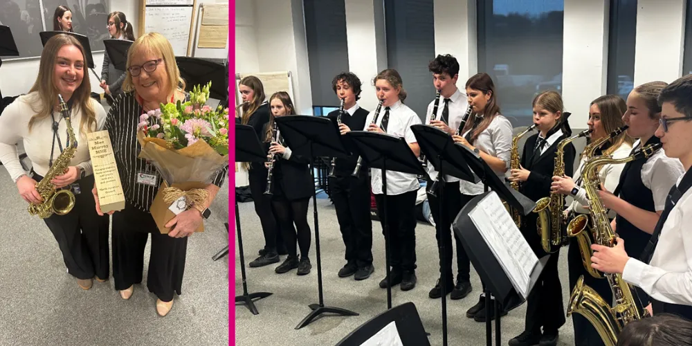 North Ayrshire Music Service woodwind ensemble with teacher presented with flowers