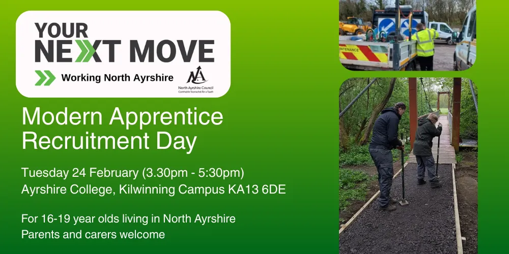 Modern Apprentice Recruitment Day flyer with recruits working outdoors