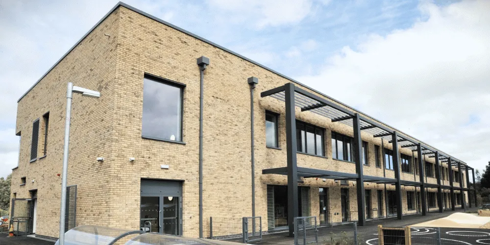 The exterior of a newly built school building