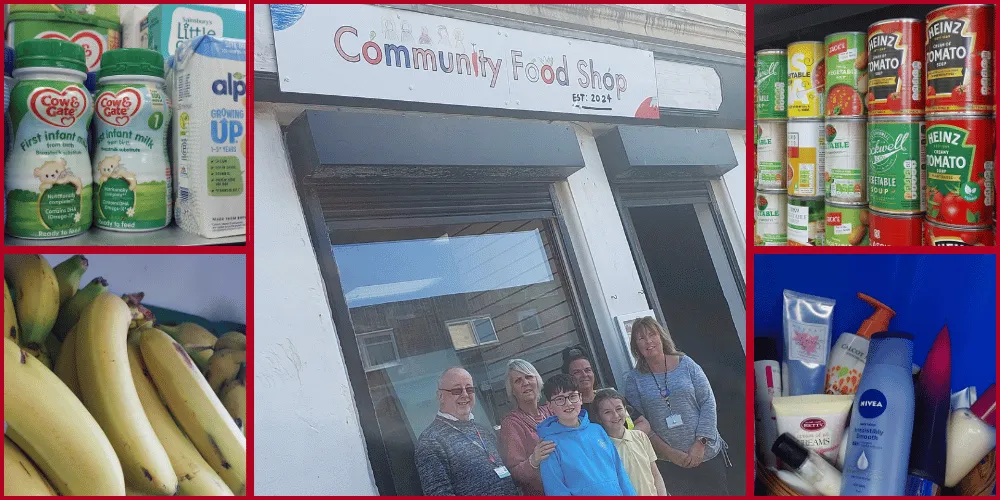 People in front of a shop and groceries with food and toiletries