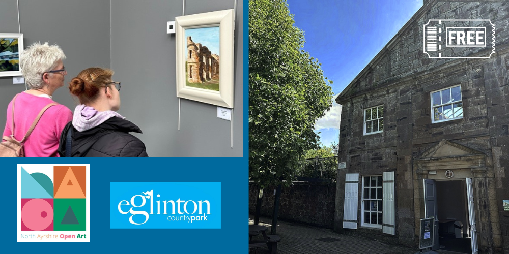North Ayrshire Open Art exhibition poster with Racquet Hall Eglinton Country park and framed art work