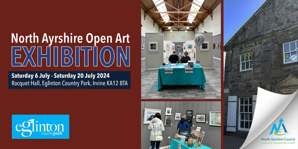 Exterior of Eglinton Park Racquet Hall with photos from North Ayrshire Open Art exhibition gallery