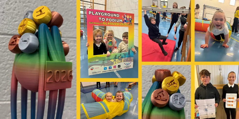 Group photo of school pupils in gym and 3D printed baton with sports icons