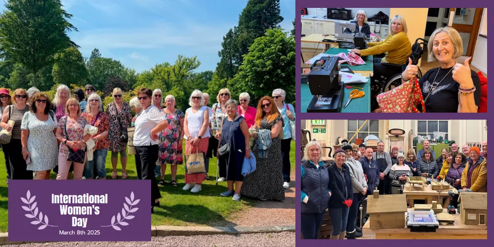 Photo collage of Largs Scottish Women's Institute day out woodwork session and sewing group