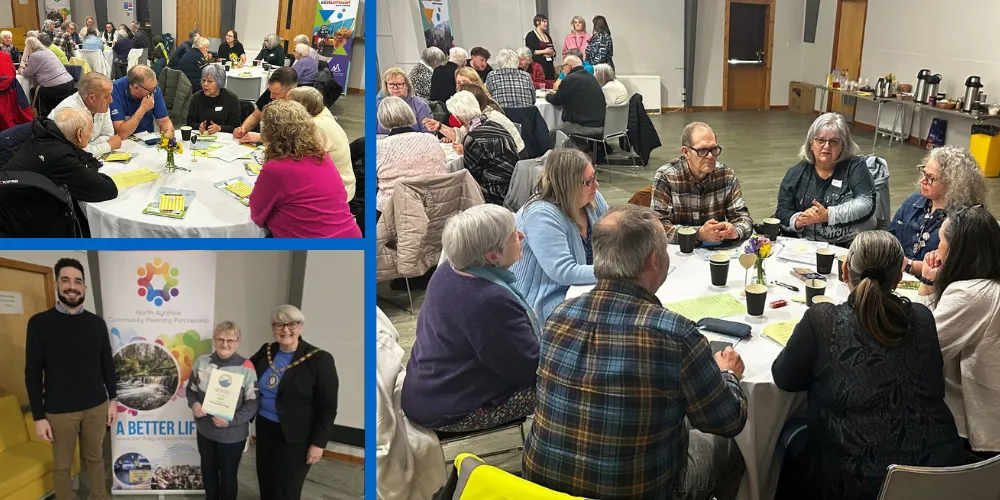 Photo collage of residents at Older People's conference discussing matters around circular tables
