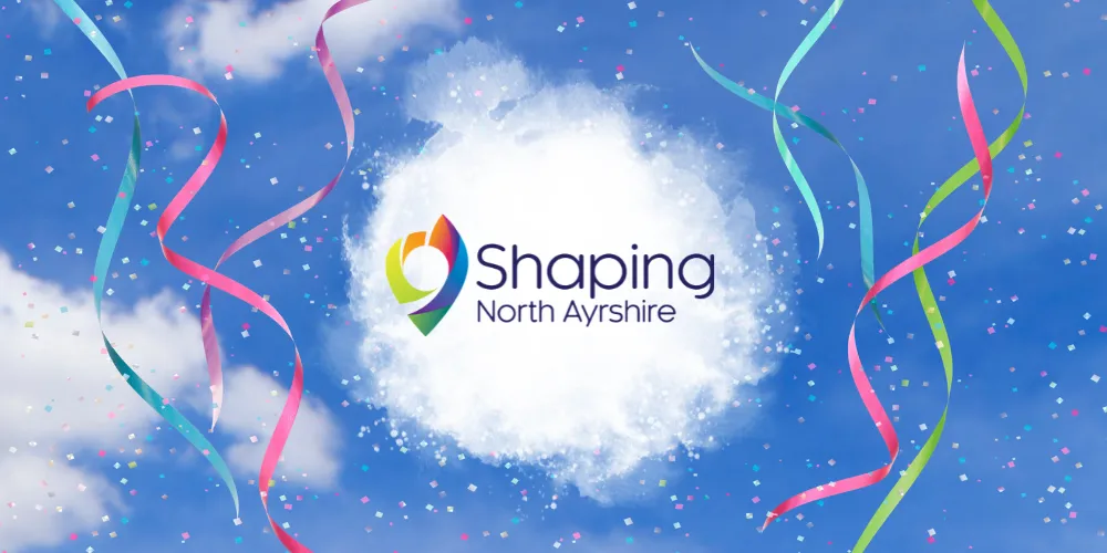 Blue sky with confetti streamers and Shaping North Ayrshire logo