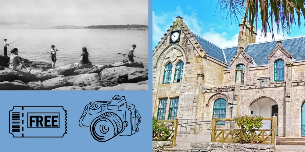 Garrison House Millport and black and white beach photograph with people fishing