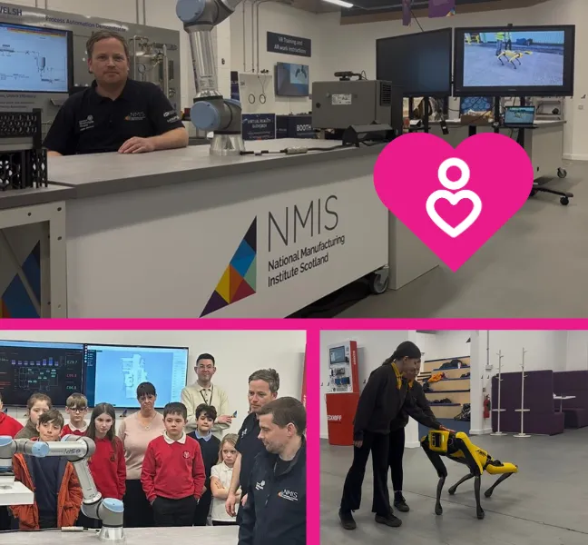 Pupil visit to DPMC with robotic dog and Council Wellbeing heart icon