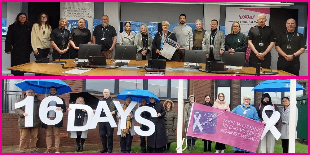 Men and women standing in a line with promotional materials for 16 Days campaign