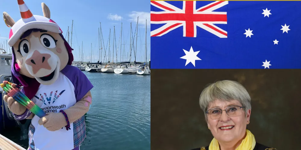Commonwealth Games mascot Finnie, Provost Dickson and an image of Australia flag