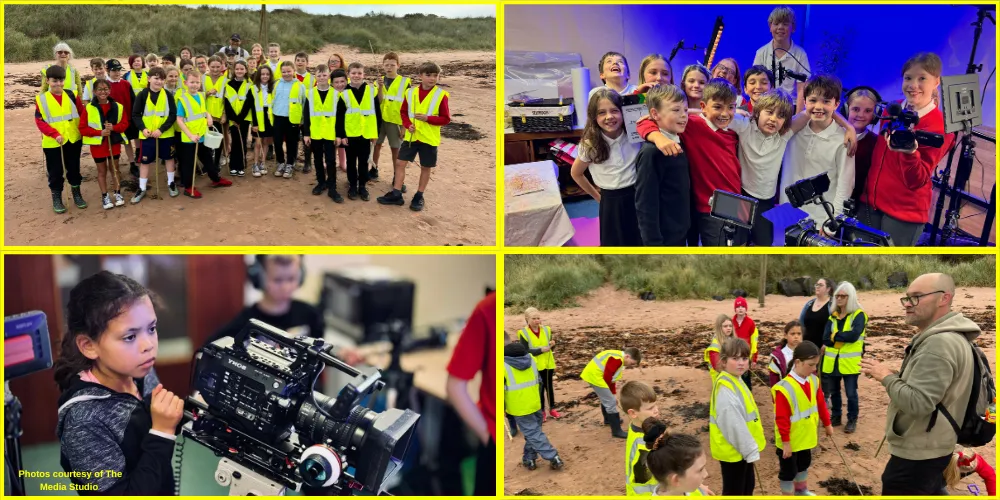 School pupils learning on the beach and filming with camera equipment