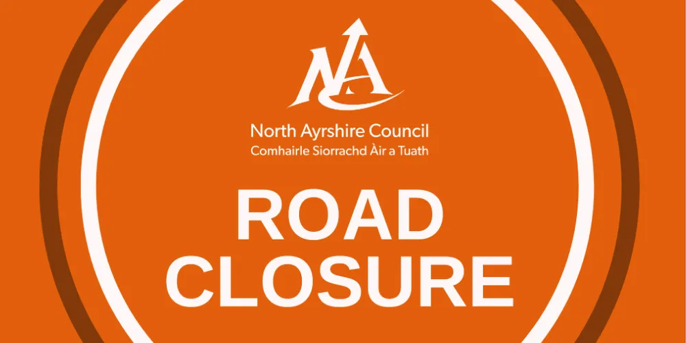 A red graphic with the words road closure