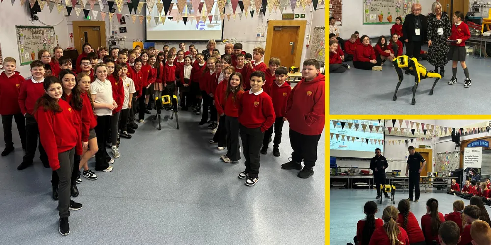 Robot dog with Glencairn Primary school pupils