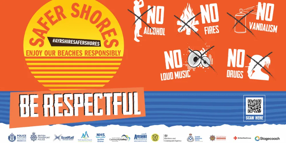 A colourful graphic which says, Safer Shores. be respectful