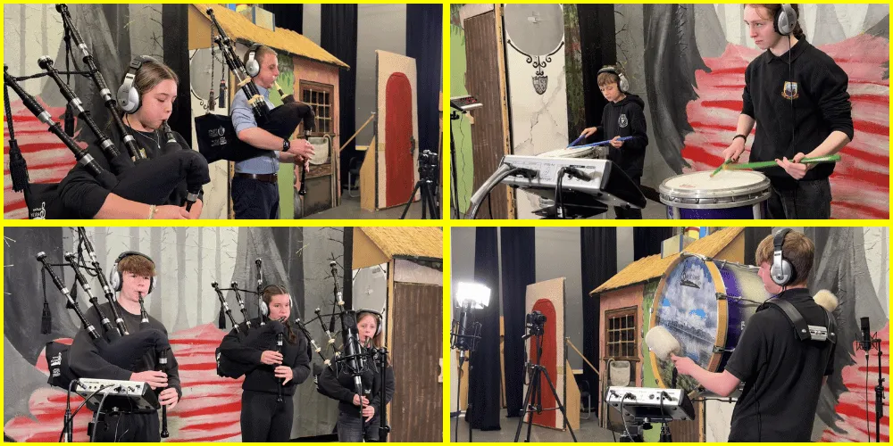 pipe band playing instruments in recording studio
