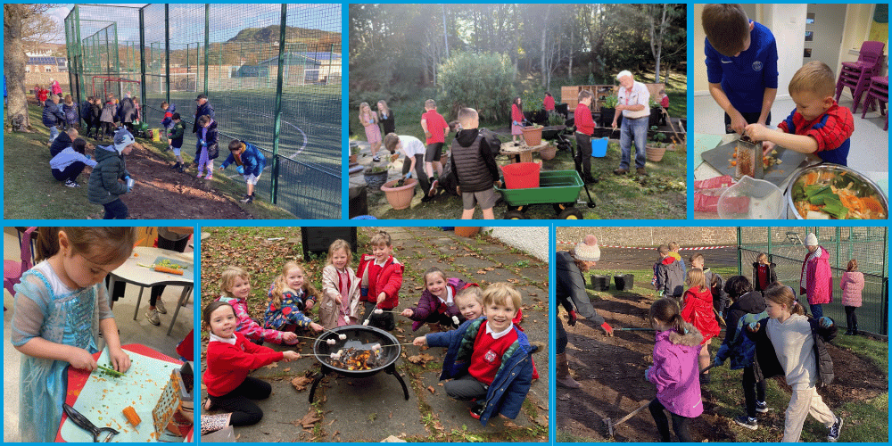 A collage of photos showing children growing seeds and making soup