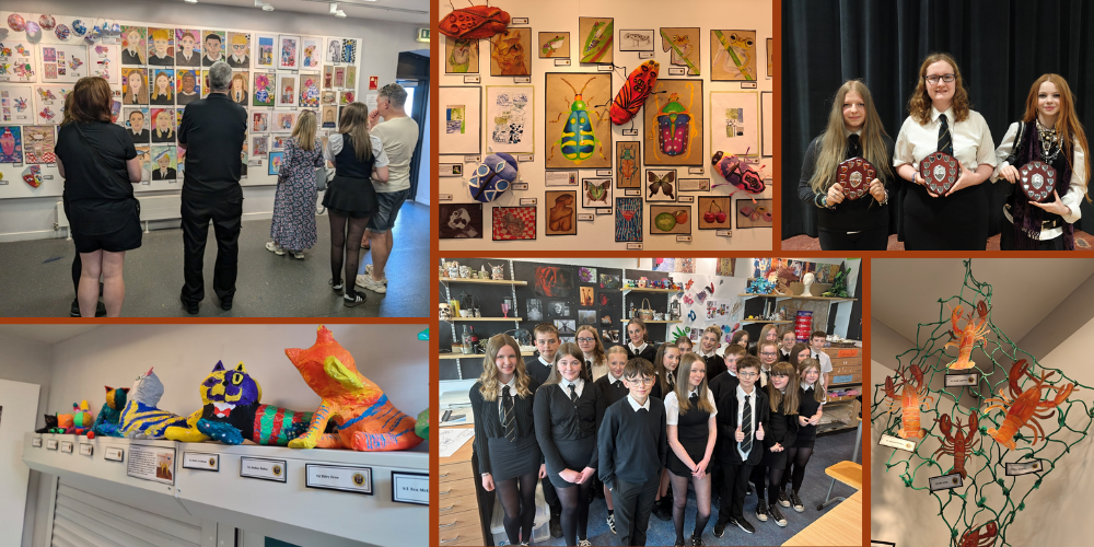 Photo collage of St Matthew's pupils who have art exhibition at Harbour Arts Centre
