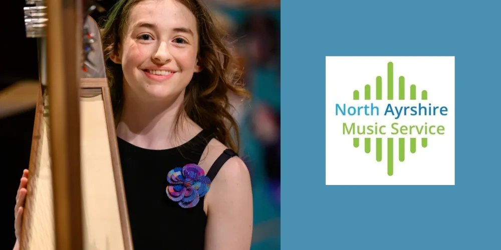 Pupil Stella with clarsach harp photo with North Ayrshire Music Service logo
