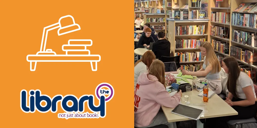 North Ayrshire libraries logo with desk and students studying