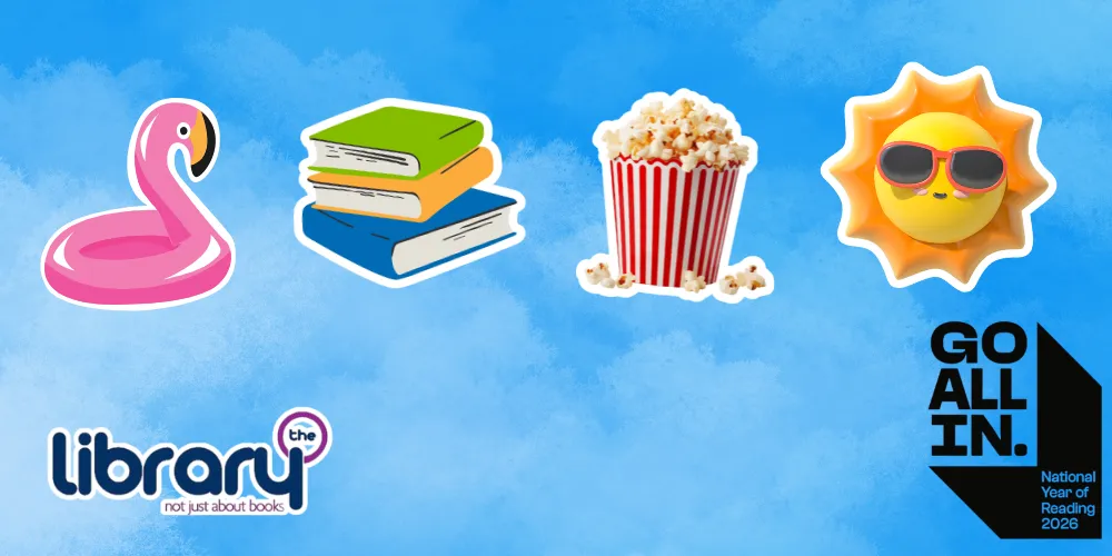 Blue sky with flamingo, books, popcorn and sunshine to advertise summer events in North Ayrshire Libraries