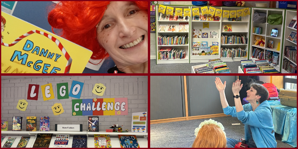 North Ayrshire Libraries photo collage with books, storytelling, person clapping hands and Lego challenge sign