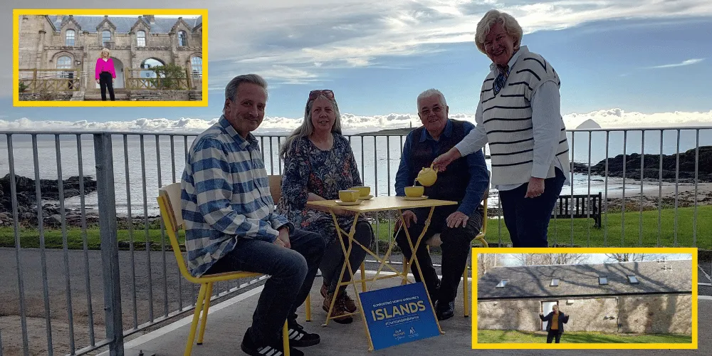 Four people having tea outdoors at a yellow table