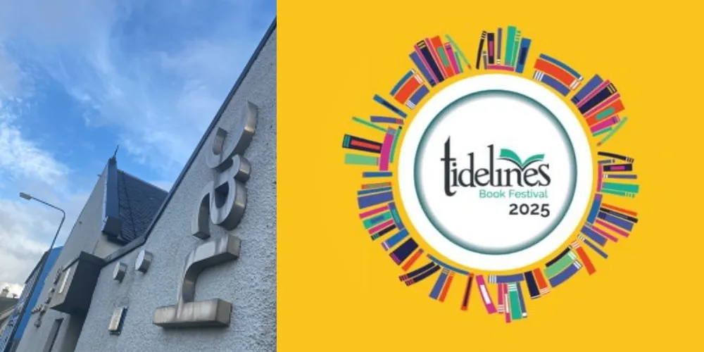 Harbour Arts Centre Irvine exterior with Tidelines Book Festival logo on yellow background