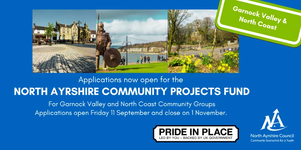 Graphic with images from Garnock Valley and North Coast with details of applications opening for North Ayrshire Community Project Funds