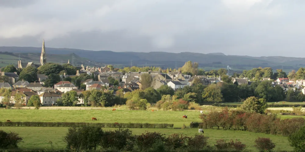 A landscape image showing a field with cows and a small town and hills in the background