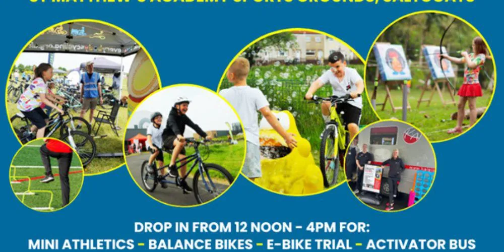 Graphic of family fun day with various generic pics of young people on bikes