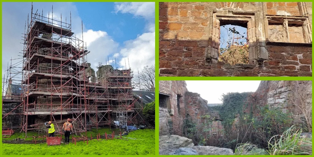 Scaffolding and overgrown vegetation on a castle ruin on  a sunny day