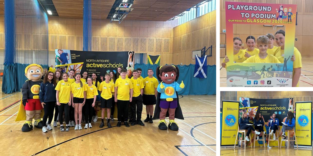 Active Schools Young Ambassadors Conference group photo at Portal Irvine with mascots