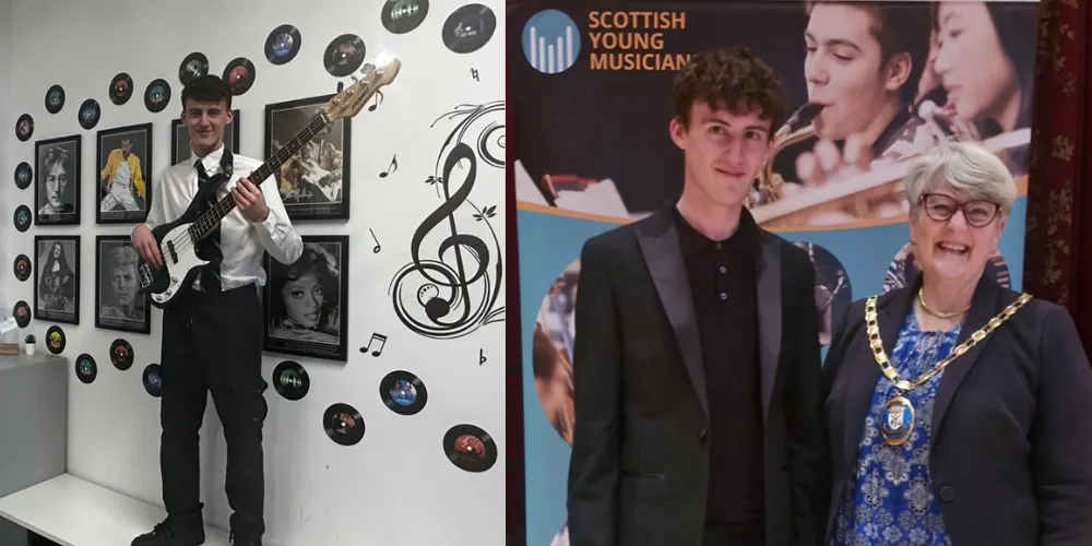 Young musician music winner playing bass and with Provost at national awards ceremony