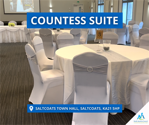 Wedding reception hall with several white tables and white chairs with decorative seat covers, and a top table. Text reading: Countess Suite, Saltcoats Town Hall, Saltcoats, KA21 5HP and North Ayrshire Council logo